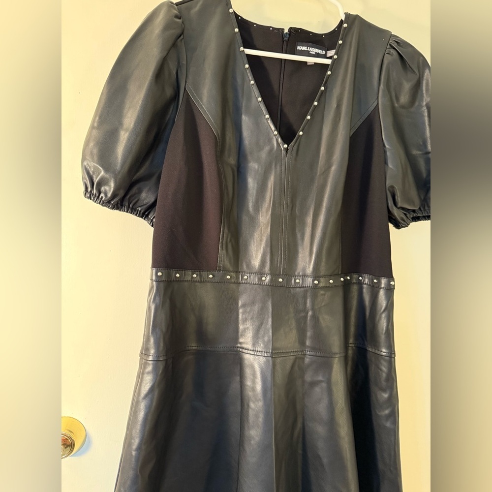 Karl Lagerfeld Black Faux Leather Midi Dress with Puff Sleeves - Picture 3 of 16